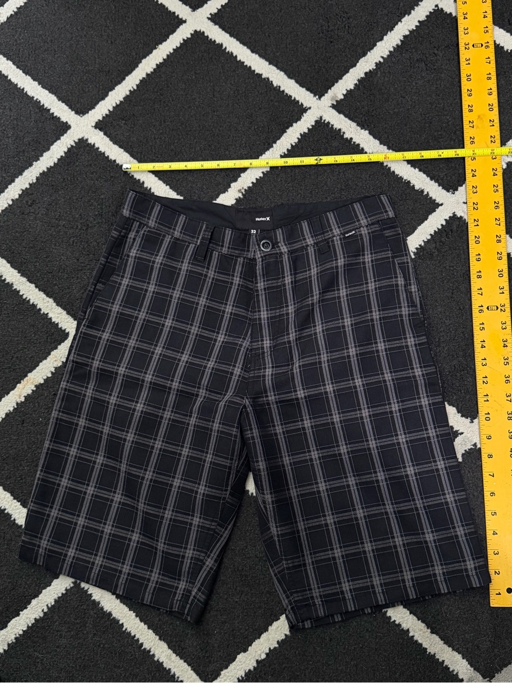 Hurley Black and Gray Plaid Flat-Front Men's Shorts
